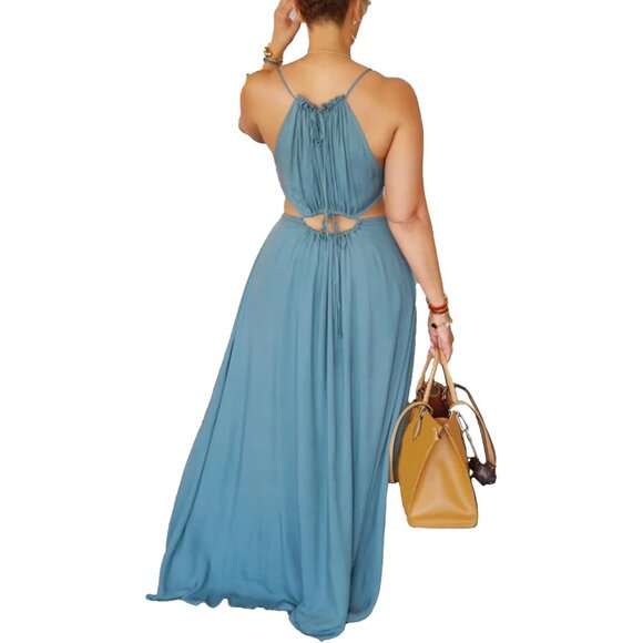 Womens Summer Dress Boho Maxi Halter Backless Beach Vacation Outfit - Picture 3 of 6